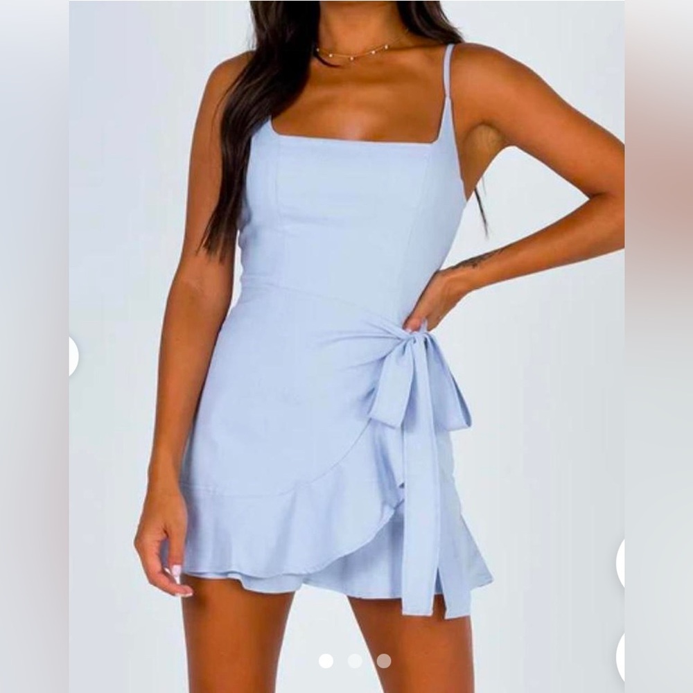 Pale Blue Linen Mini Dress Apron Front Size 0/2 XS Princess Polly Like New EUC